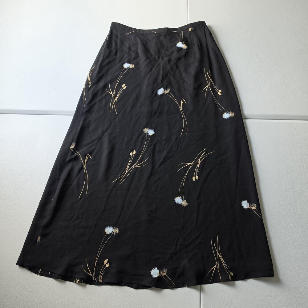 90s Liz Claiborne Skirt Womens 12P Black Floral Silk A-Line Long Whimsigoth
